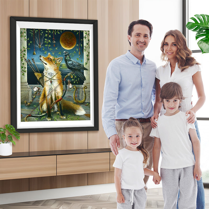 Renard, Corbeau et la Lune Broderie Diamant