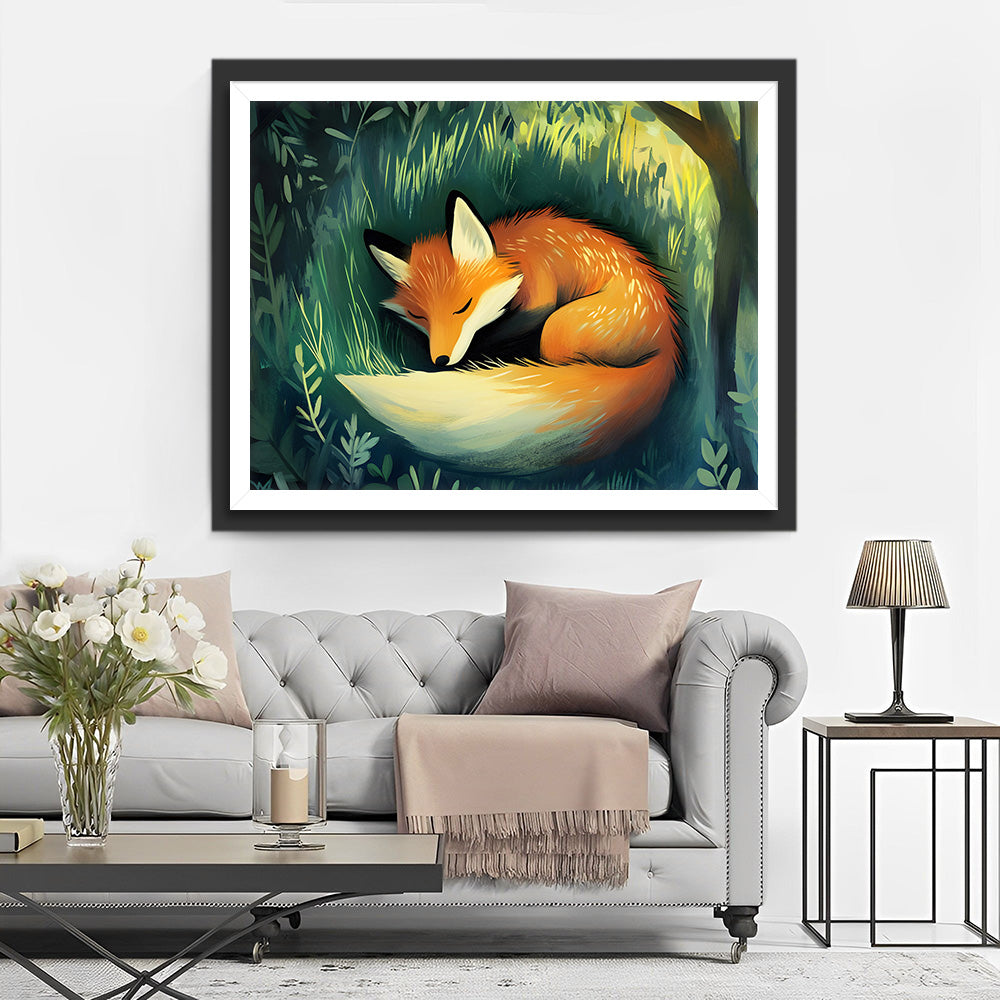 Renard Dormant dans l'Herbe Broderie Diamant