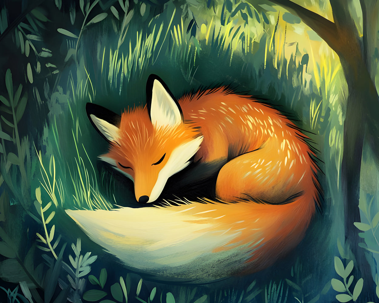 Renard Dormant dans l'Herbe Broderie Diamant