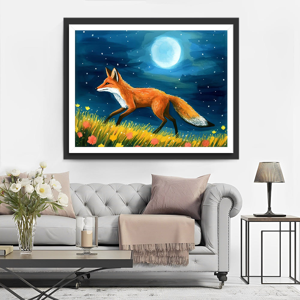 Renard et Lune dans la Nature Broderie Diamant