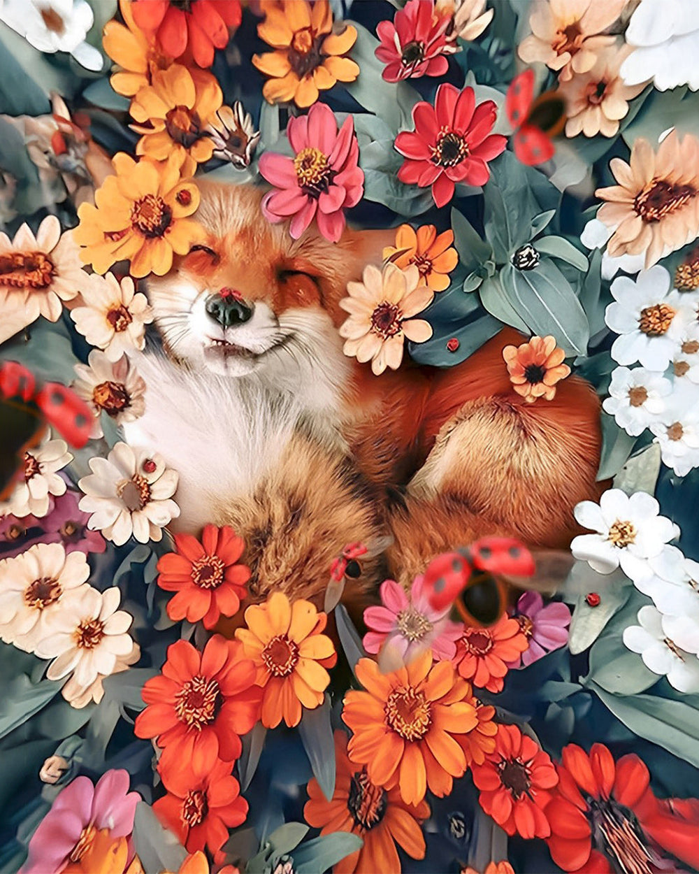 Renard parmi les Chrysanthèmes Broderie Diamant