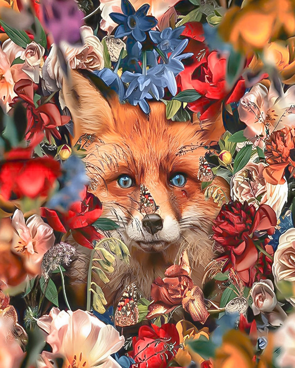Renard parmi les Fleurs Colorées Broderie Diamant