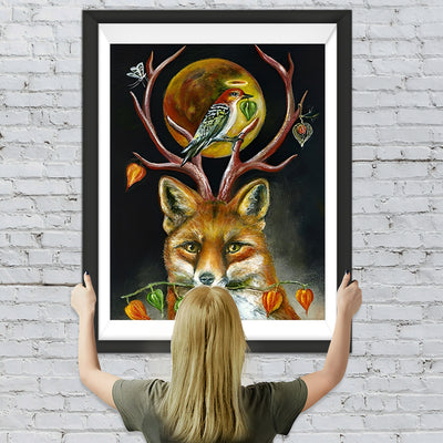 Renard Roux et Lune Jaune Broderie Diamant