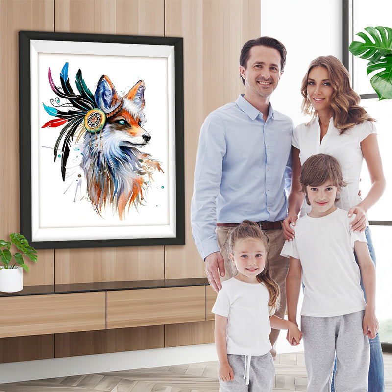 Renard Roux et Plumes Colorées Broderie Diamant