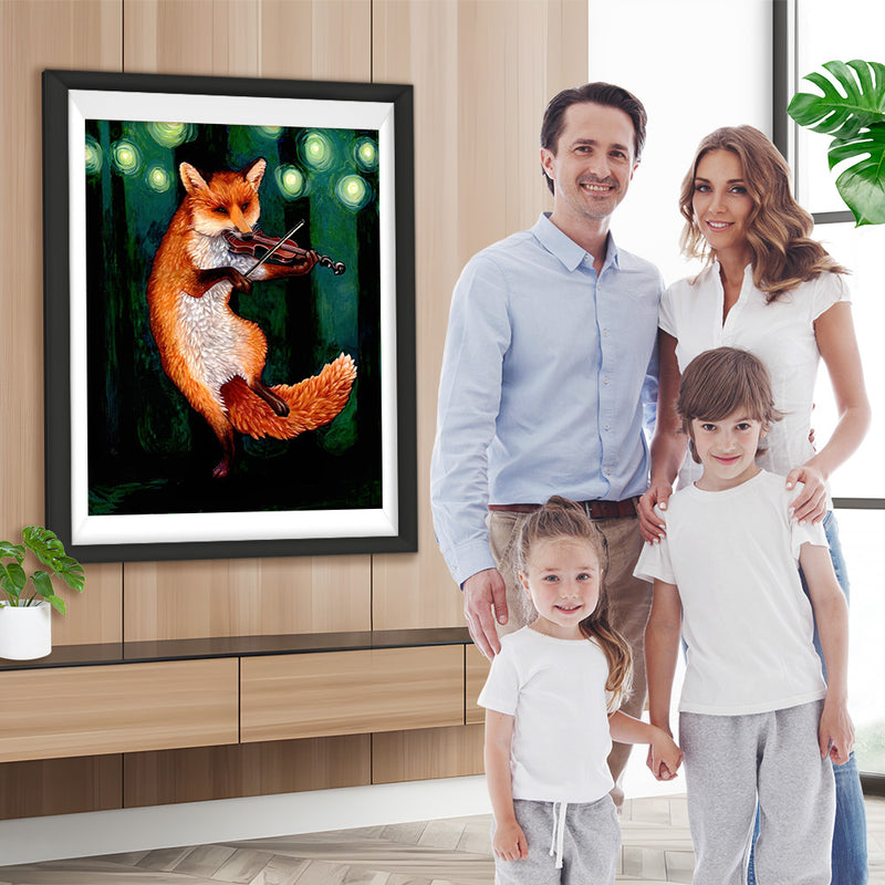 Renard Roux Jouant du Violon Broderie Diamant