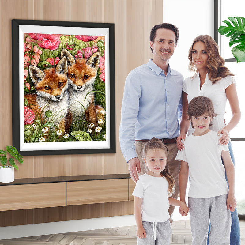 Renardeau et les Fleurs Roses et Blanches Broderie Diamant