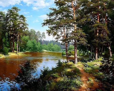 Rivière dans la Forêt Estivale Broderie Diamant