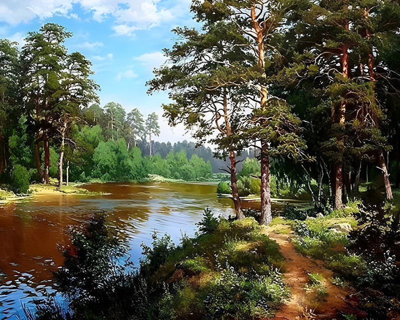 Rivière dans la Forêt Estivale Broderie Diamant