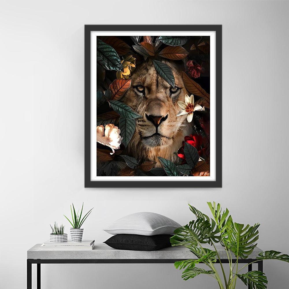 Roi Lion dans les Feuilles Vertes Broderie Diamant