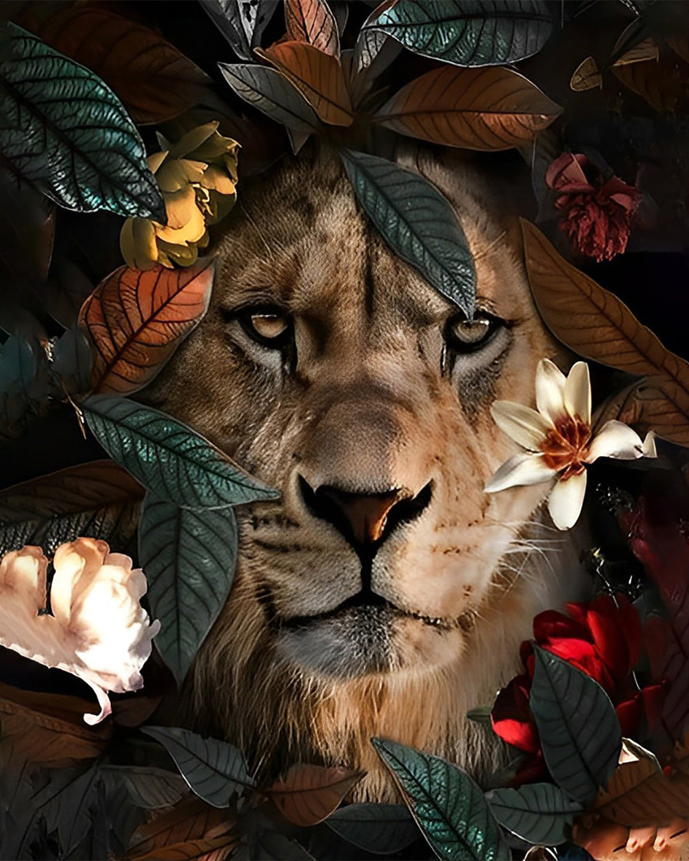 Roi Lion dans les Feuilles Vertes Broderie Diamant