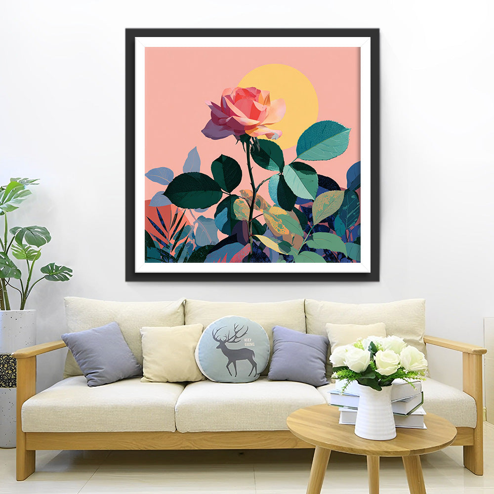 Rose Rose aux Feuilles Vertes sous la Lumière Broderie Diamant