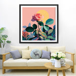 Rose Rose aux Feuilles Vertes sous la Lumière Broderie Diamant