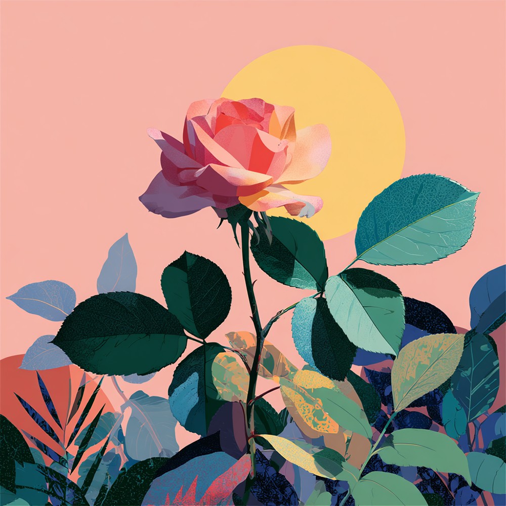 Rose Rose aux Feuilles Vertes sous la Lumière Broderie Diamant