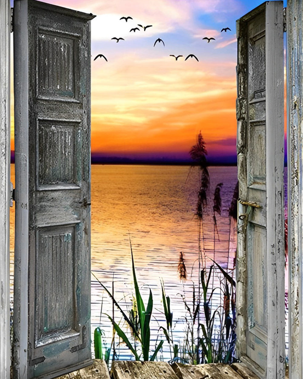 Roseaux et Mer devant la Porte en Bois Broderie Diamant