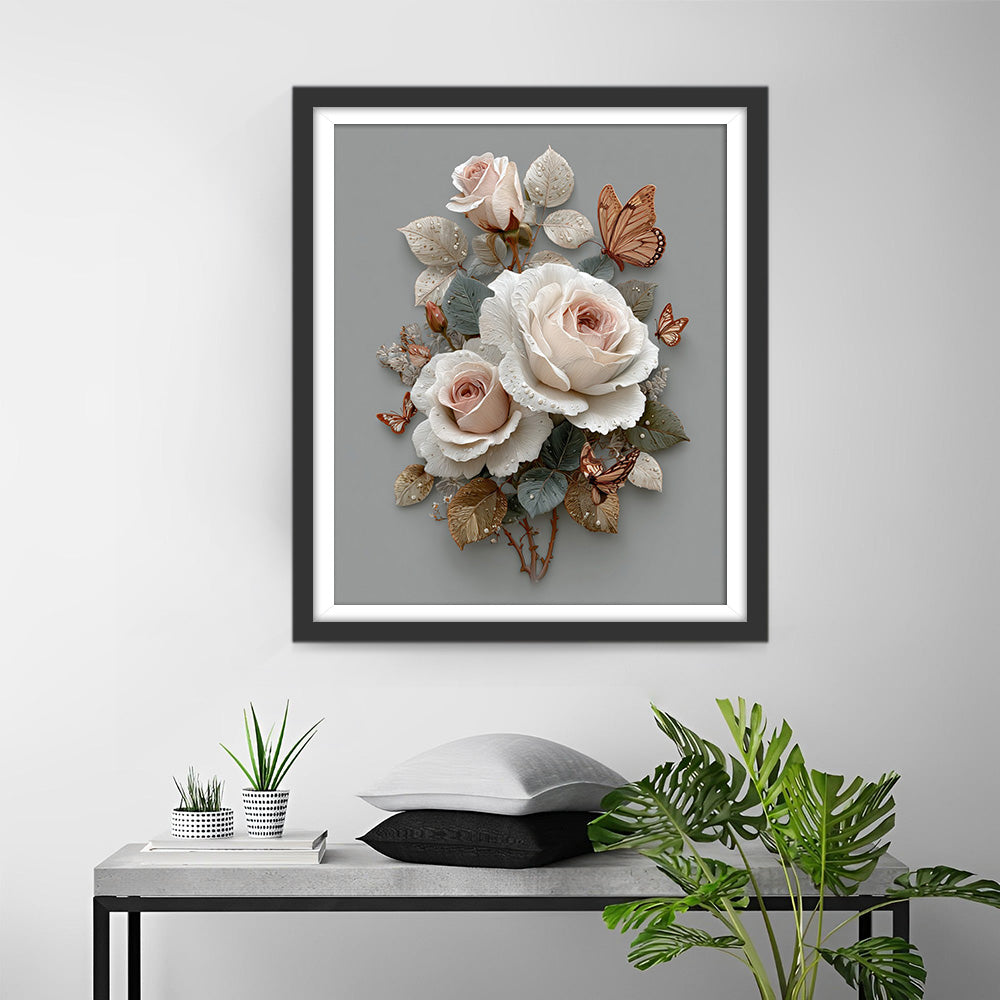 Roses Blanches avec Rosée et Papillons Broderie Diamant