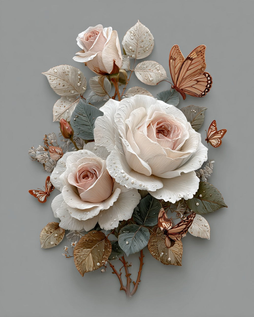 Roses Blanches avec Rosée et Papillons Broderie Diamant