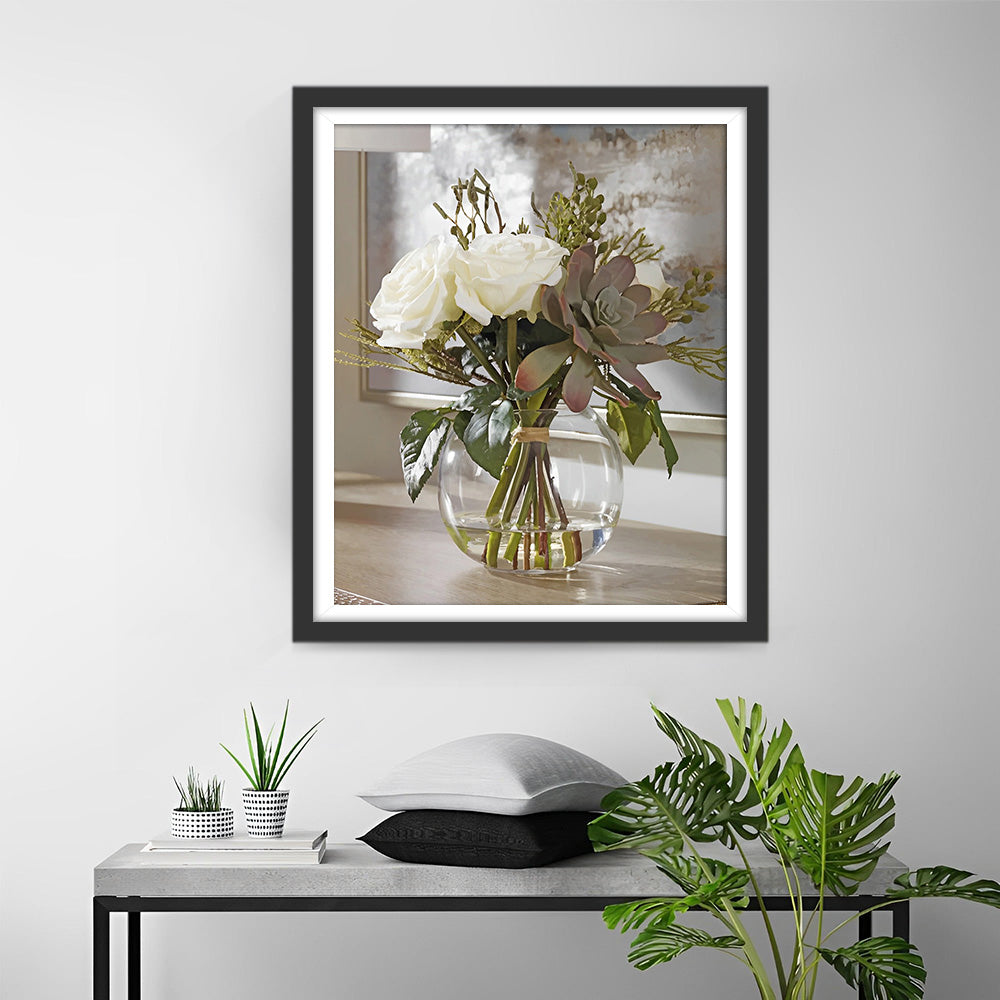 Roses Blanches dans une Bouteille en Verre Broderie Diamant