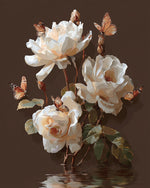 Roses Blanches et Papillons Bruns Broderie Diamant