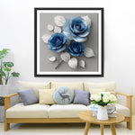Roses Bleues aux Feuilles Blanches Broderie Diamant