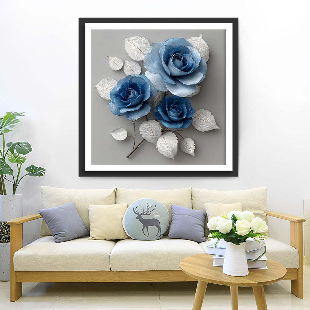 Roses Bleues aux Feuilles Blanches Broderie Diamant