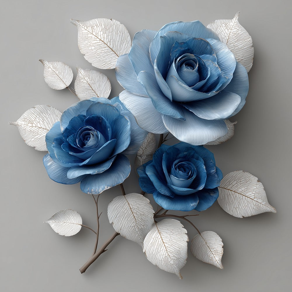 Roses Bleues aux Feuilles Blanches Broderie Diamant