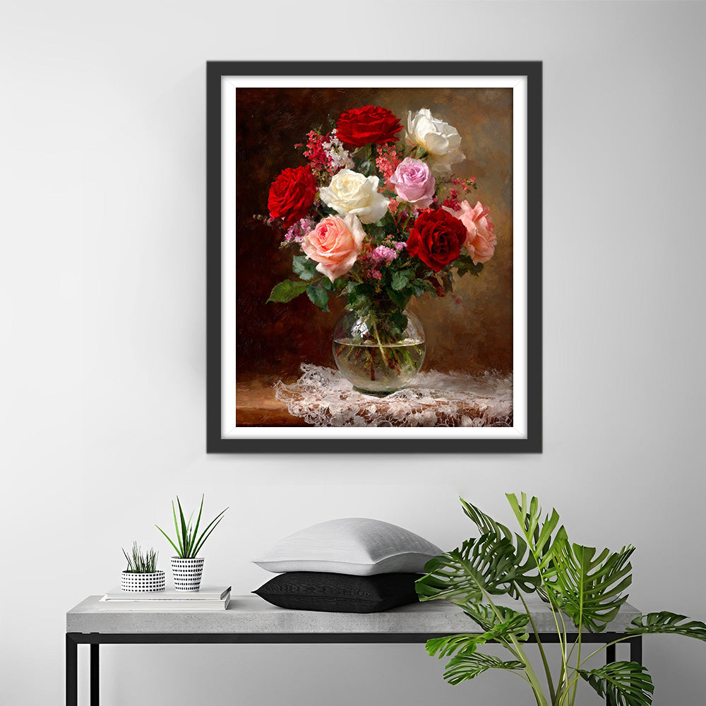 Roses Colorées dans un Vase en Verre Broderie Diamant