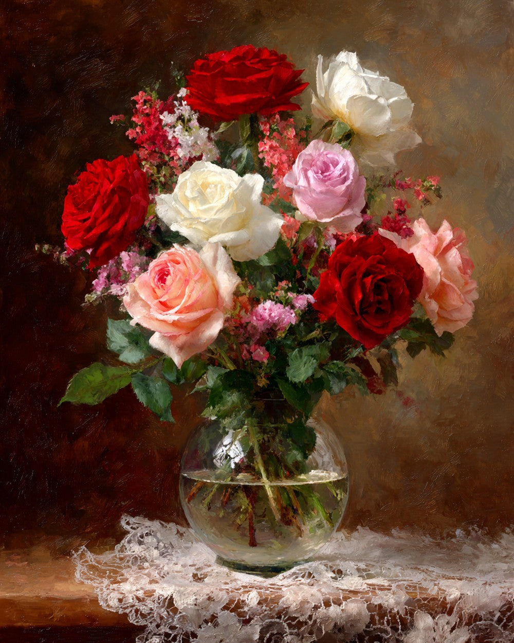 Roses Colorées dans un Vase en Verre Broderie Diamant