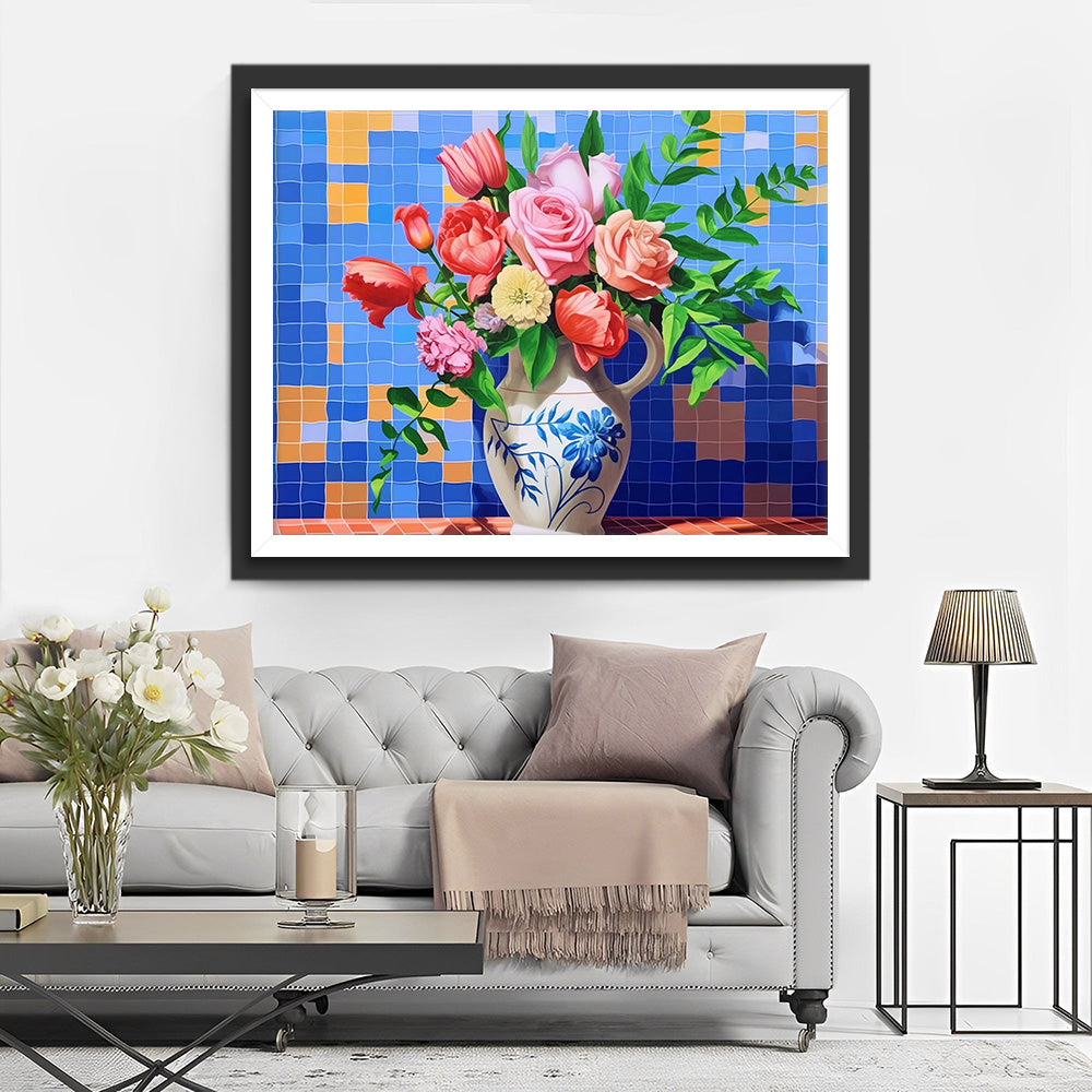 Roses dans un Vase en Porcelaine Broderie Diamant