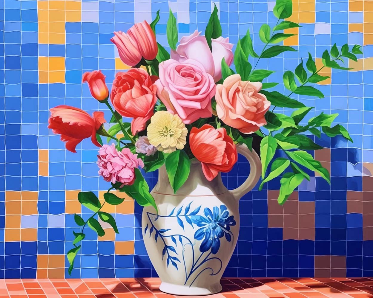 Roses dans un Vase en Porcelaine Broderie Diamant