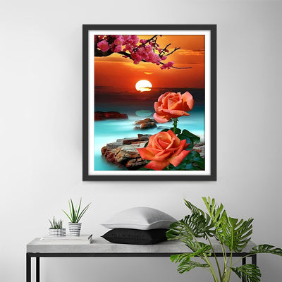 Roses et Arbre en Fleurs au Lever du Soleil Broderie Diamant