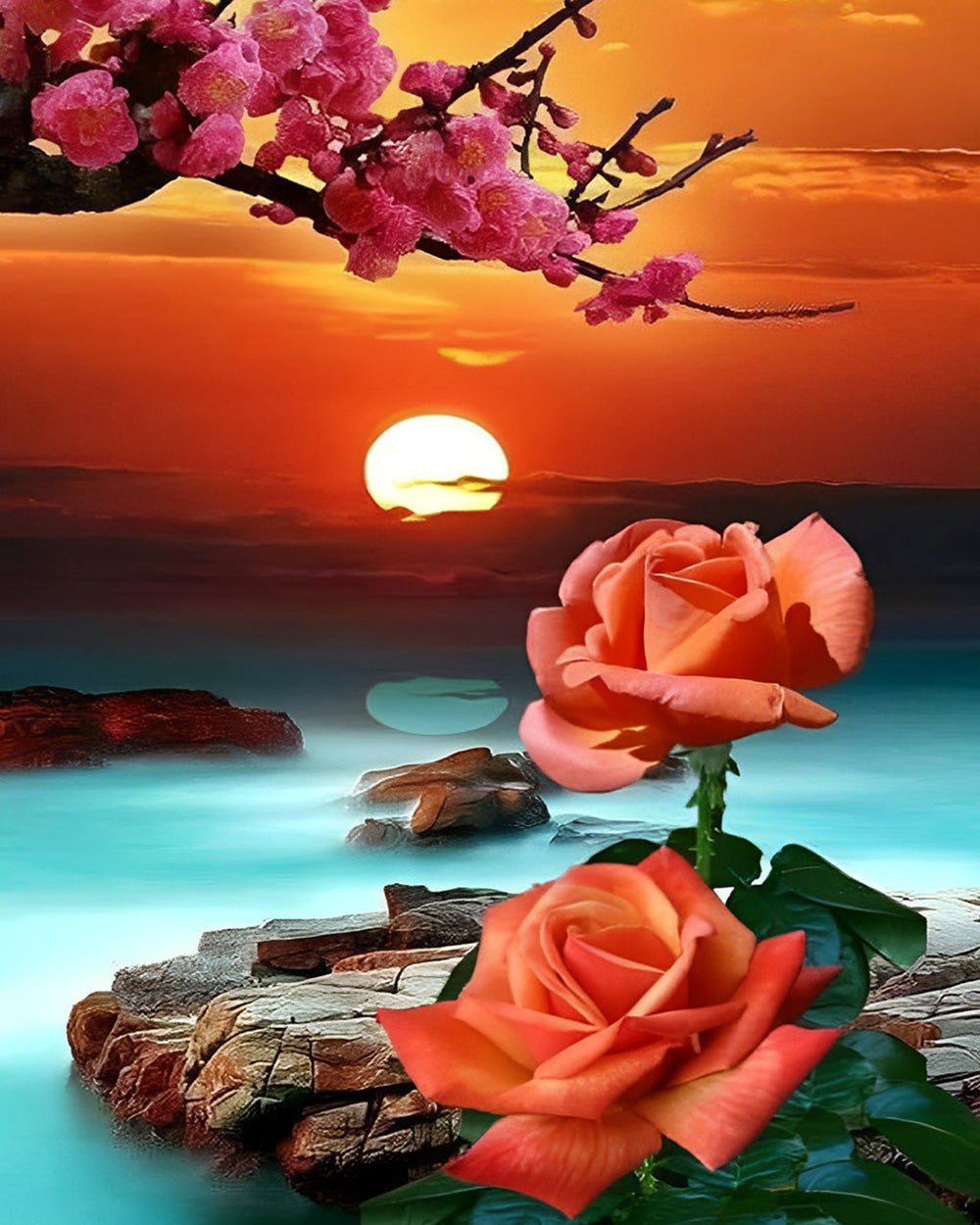 Roses et Arbre en Fleurs au Lever du Soleil Broderie Diamant