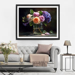 Roses et Hortensias dans un Vase en Verre Broderie Diamant