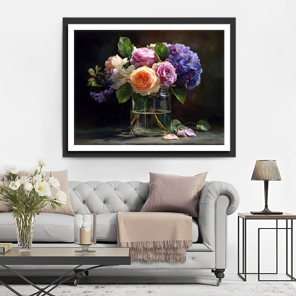 Roses et Hortensias dans un Vase en Verre Broderie Diamant