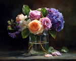 Roses et Hortensias dans un Vase en Verre Broderie Diamant