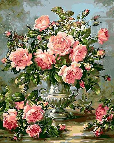 Roses Roses dans Vase Argente Broderie Diamant