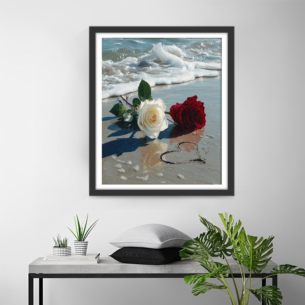 Roses Rouges et Blanches sur la Plage Broderie Diamant