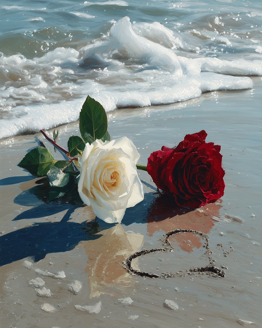 Roses Rouges et Blanches sur la Plage Broderie Diamant