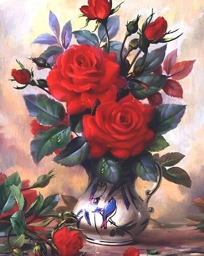 Roses Rouges et Boutons Broderie Diamant