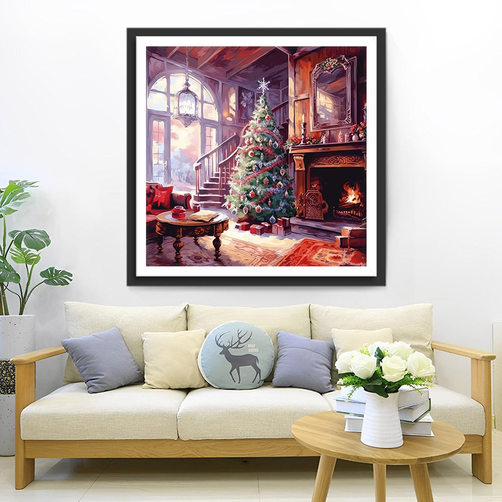 Sapin de Noël près de la Cheminee Broderie Diamant