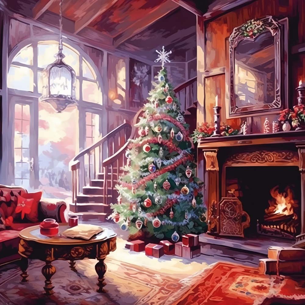 Sapin de Noël près de la Cheminee Broderie Diamant