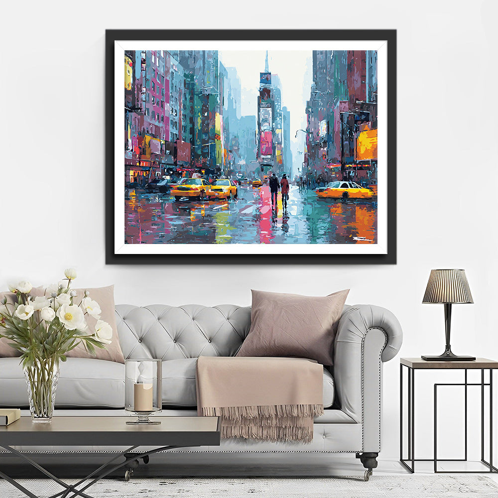 Scène Pluvieuse sur la Place de la Ville Broderie Diamant