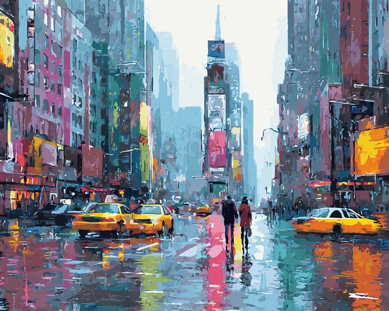 Scène Pluvieuse sur la Place de la Ville Broderie Diamant