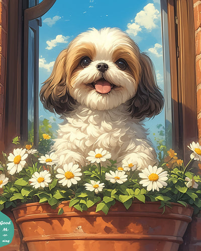 Shih Tzu Mignon et Fleurs Broderie Diamant