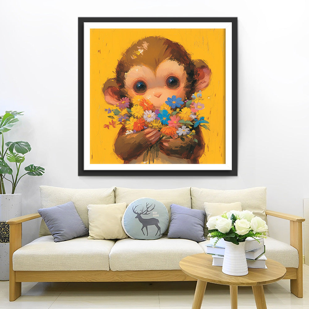 Singe Tenant un Bouquet Broderie Diamant