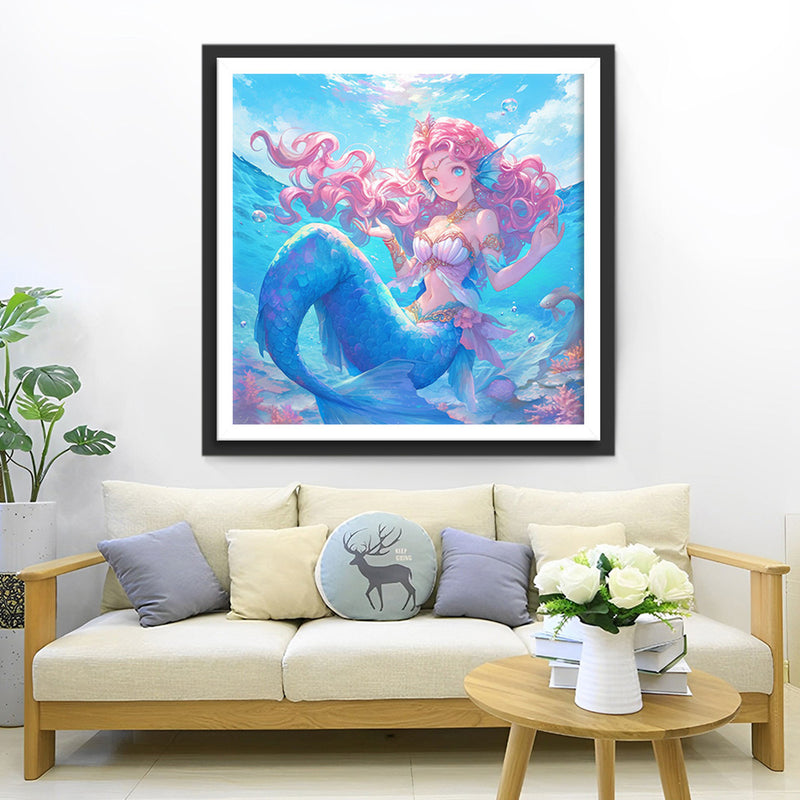 Sirène aux Cheveux Roses dans la Mer Broderie Diamant