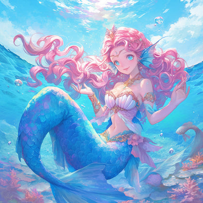 Sirène aux Cheveux Roses dans la Mer Broderie Diamant