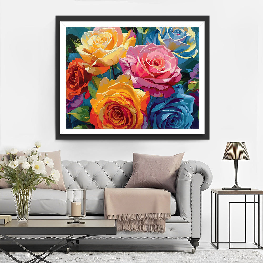 Six Roses Colorées Broderie Diamant