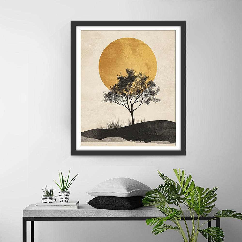 Soleil Doré et Arbre Solitaire Broderie Diamant