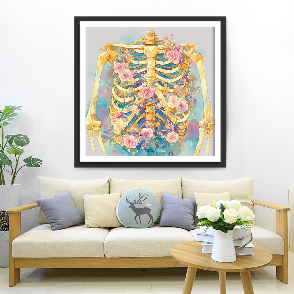 Squelette et Fleurs Roses Broderie Diamant