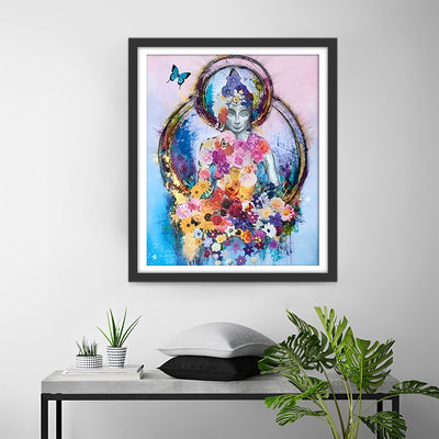 Statue de Bouddha entouree de Fleurs Broderie Diamant